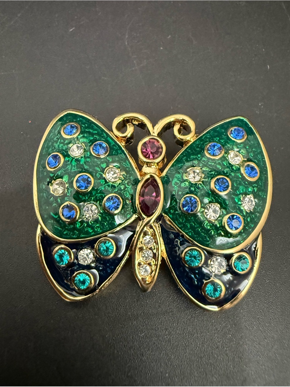 Vintage Regency Accessories Goldtone Rhinestones Enameled Green Butterfly Brooch